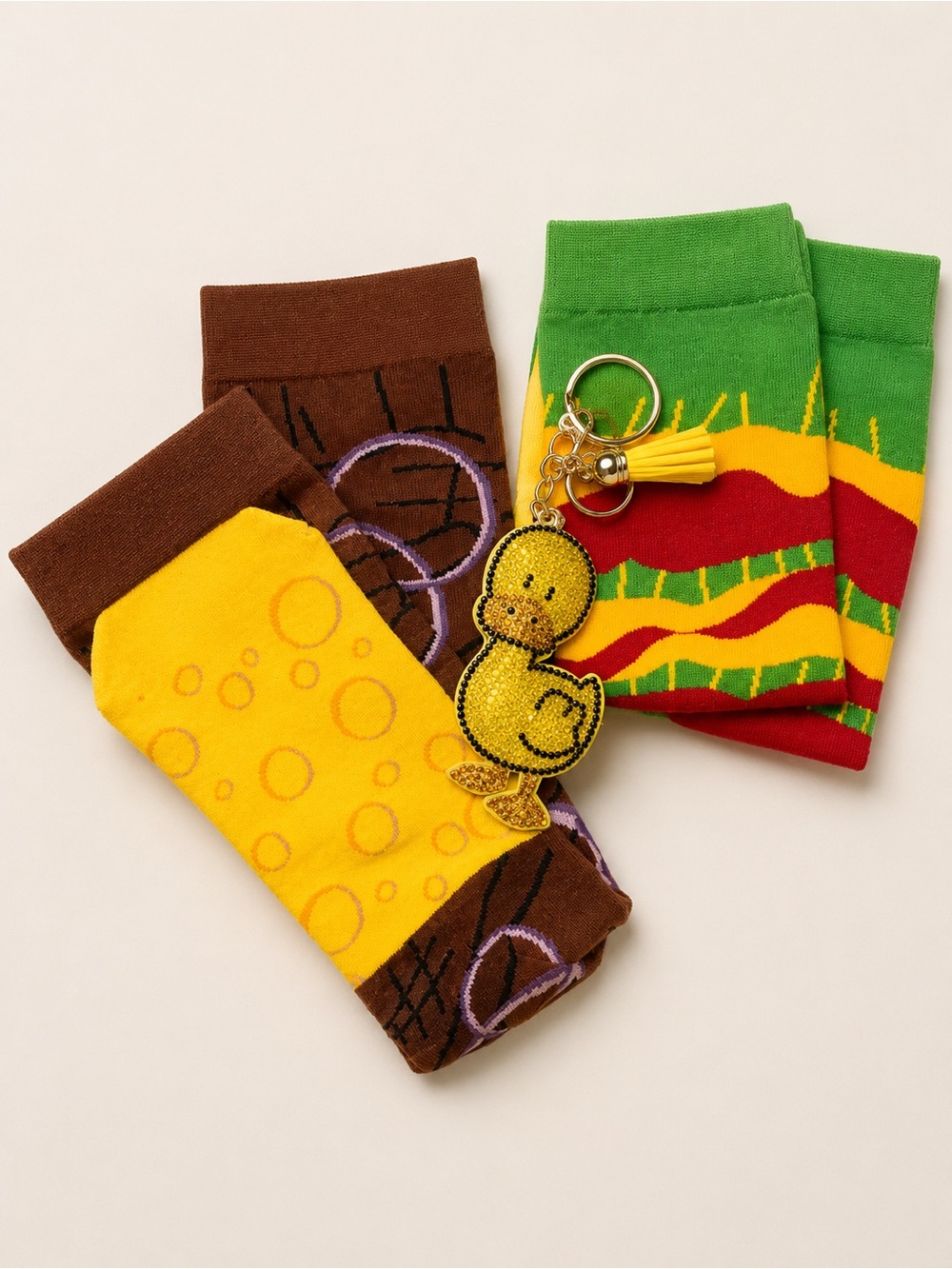Novelty Food-Themed Crew Socks & Rhinestone Duck Keychain Gift Set